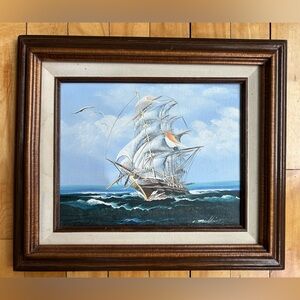 Vintage Art Framed Nautical Ship Painting Brown Frame Signed Moody 8x10